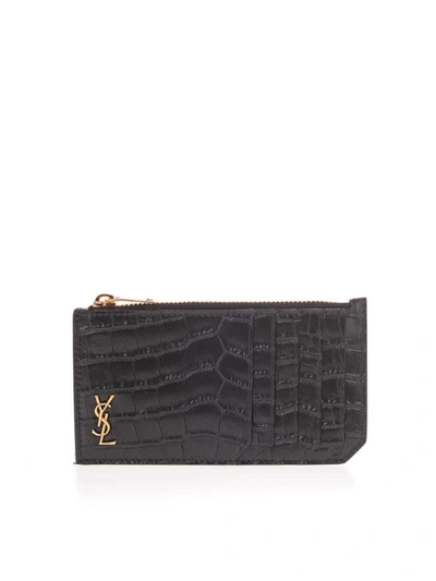 Shop Saint Laurent Ysl Croco Print Card Holder In Black