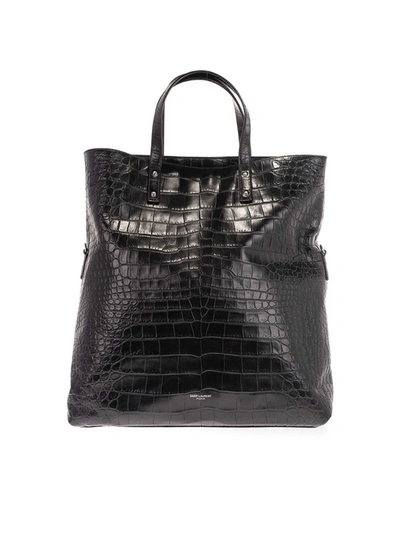 Shop Saint Laurent Ethan Croco Print Folding Bag In Black
