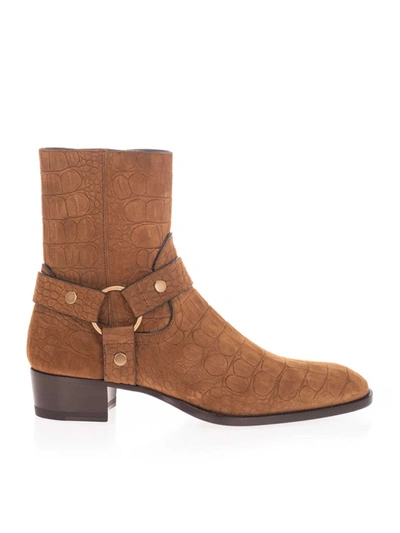 Shop Saint Laurent Wyatt Croco Print Ankle Boots In Land Color In Brown