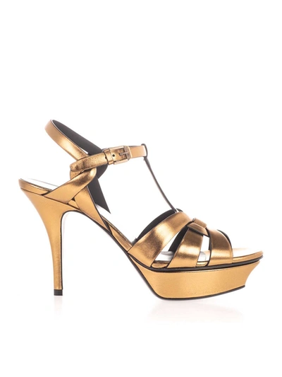 Shop Saint Laurent Tribute Plateau Sandals In Metallic Gold