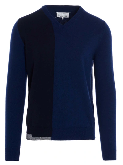 Shop Maison Margiela V-neck Sweater In Blue And Black In Multi