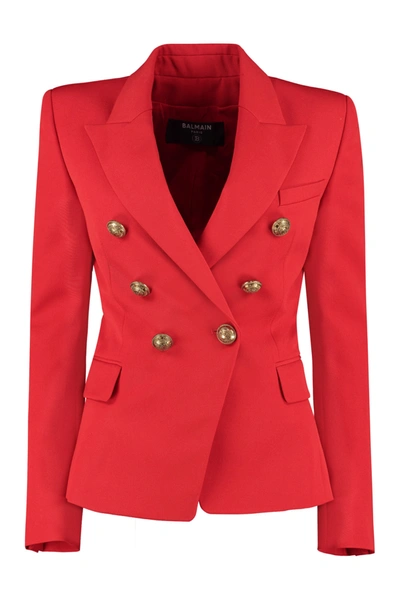 Shop Balmain Double-breasted Wool Blazer In Red