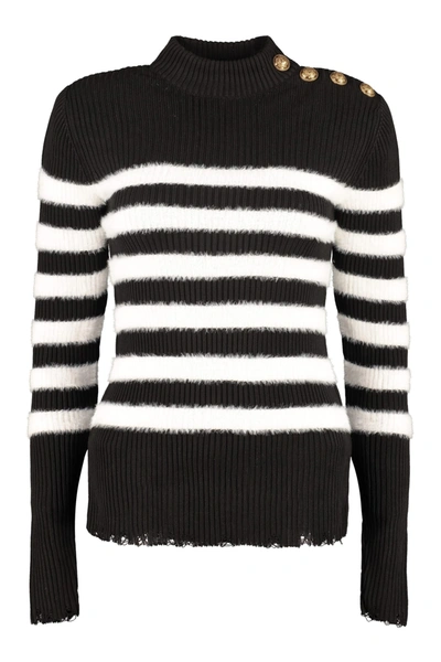 Shop Balmain Striped Turtleneck Sweater In Black