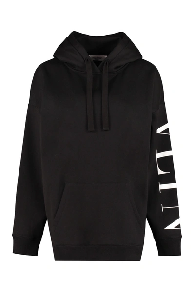 Shop Valentino Logo Cotton Hoodie In Black