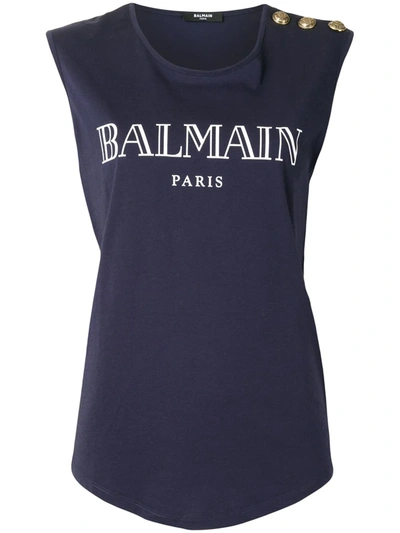 Shop Balmain Logo Print Sleeveless Top In Blue