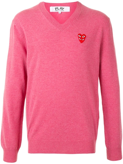Shop Comme Des Garçons Play Double Red Heart V-neck Jumper In Pink