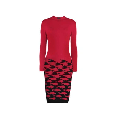 Rumour London Sea And Sky Red Illusion Houndstooth Knitted Jacquard Dress In Jacquard