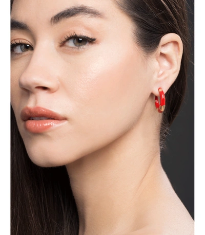 Shop Alison Lou Petite Amour Heart Red Hoops In Ylwgold