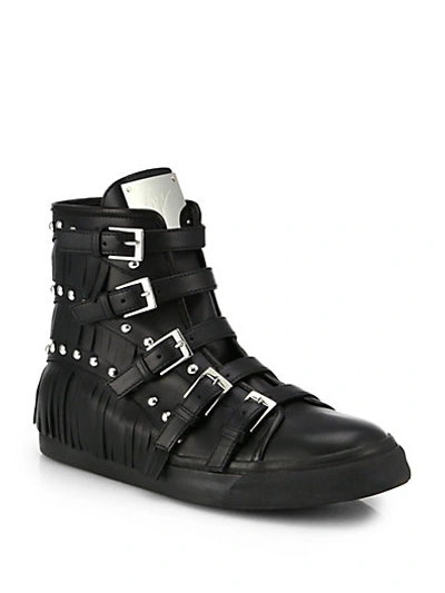 Shop Giuseppe Zanotti Studded Leather Buckle & Fringe High-top Sneakers In Nero-black