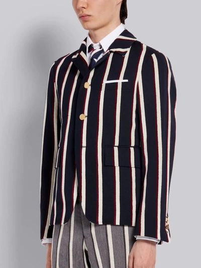 Shop Thom Browne Tricolor Velvet Bold Rep Stripe Wool Cotton Suiting Cutaway Jacket In Blue