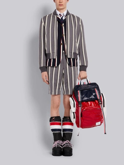Shop Thom Browne Tricolor Velvet Bold Rep Stripe Wool Cotton Suiting Cutaway Jacket In Blue