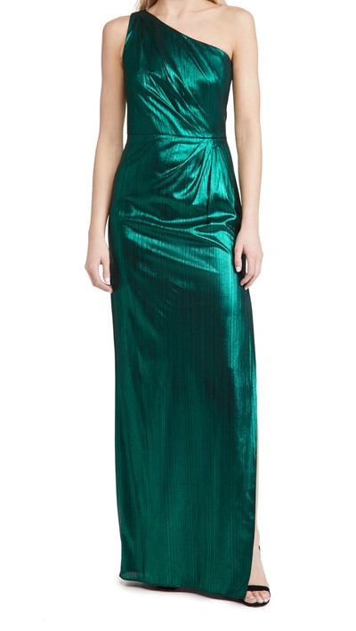 Shop Marchesa Notte One Shoulder Metallic Gown With Side Slit In Emerald
