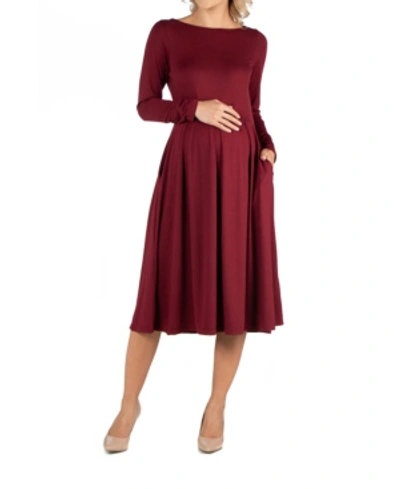 Shop 24seven Comfort Apparel Midi Length Fit And Flare Pocket Maternity Dress In Wine