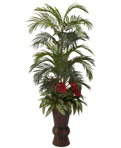 Shop Nearly Natural Areca Palm & Mixed Greens Artificial Arrangement In Bamboo Planter