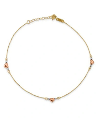 Shop Macy's Puffed Heart Anklet With Adjustable 1" Extender In 14k Multi-gold In Tri Gold