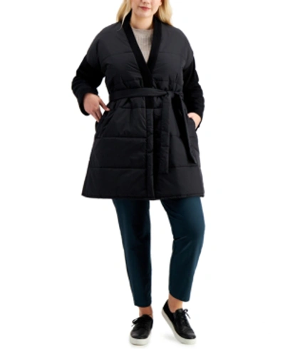 Shop Eileen Fisher Plus Size Mixed-media Coat In Black