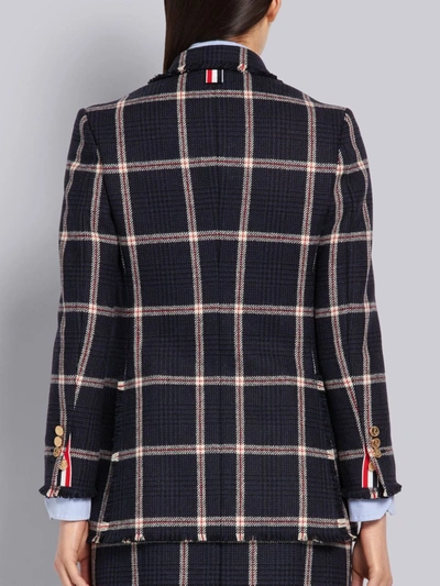 Shop Thom Browne Navy Prince Of Wales Overcheck Hunting Wool Tweed Frayed Wide Lapel Jacket In Black