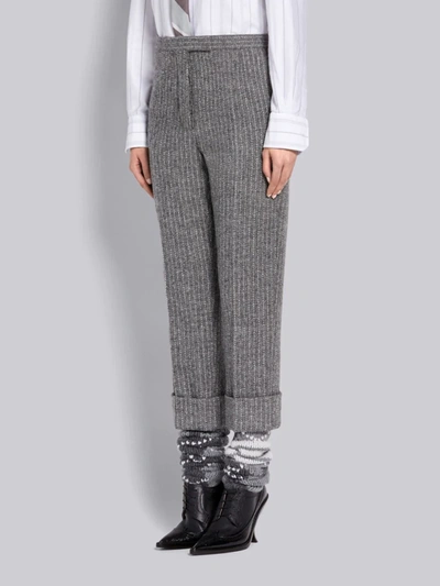 Shop Thom Browne Medium Grey Harris Wool Tweed Chalk Stripe Classic Trouser