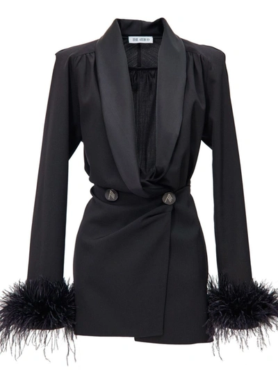 Shop Attico Black Feathered Cuff Mini Dress