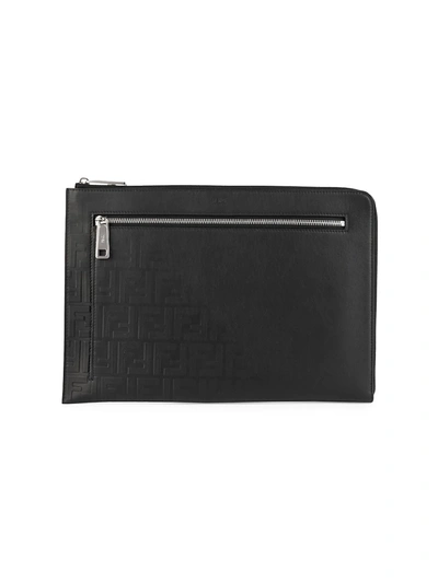 Shop Fendi Men's Ff Logo Leather Zip Pouch In Black