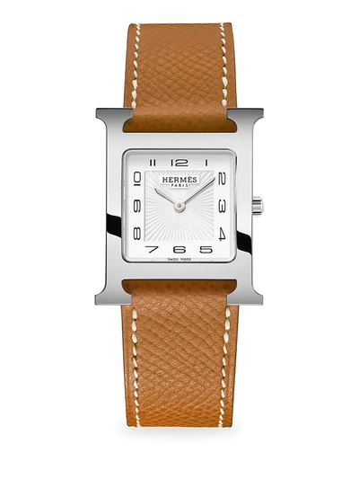Shop Hermes Women's Heure H 30mm Stainless Steel & Leather Strap Watch In Brown