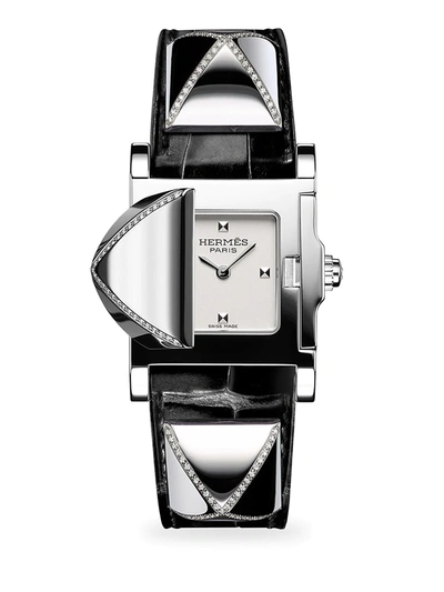 Shop Hermes Women's Médor 27mm Diamond, Stainless Steel & Alligator Strap Watch In Silver