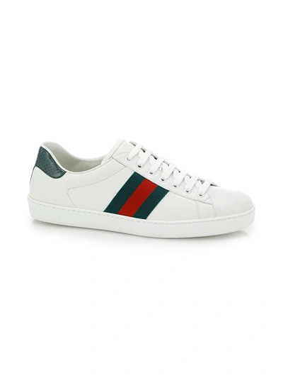 Shop Gucci Men's New Ace Crocodile-embossed Sneakers In White Stripe