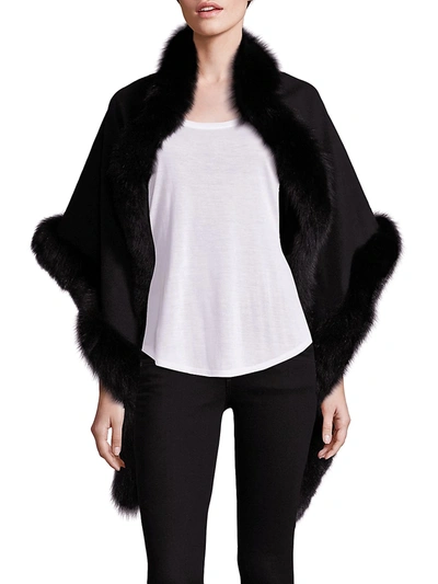 Shop Sofia Cashmere Oblong Fox Fur-trim Cashmere Wrap In Black