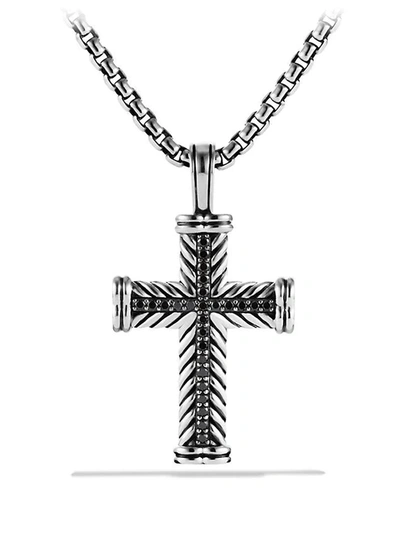 Shop David Yurman Men's Chevron Cross With Black Diamonds In Silver