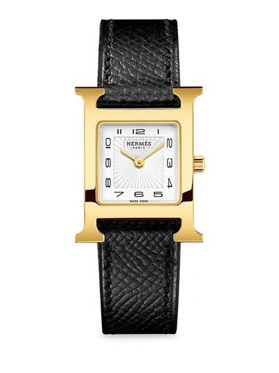 Shop Hermes Women's Heure H 25mm Goldplated & Leather Strap Watch In Black