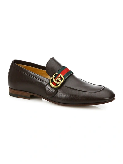 Shop Gucci Men's Leather Loafer With Gg Web In Brown