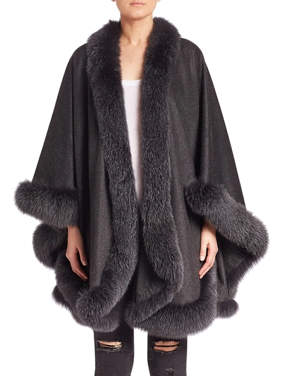 Shop Sofia Cashmere Dyed Fox Fur-trim Cashmere Wrap In Charcoal