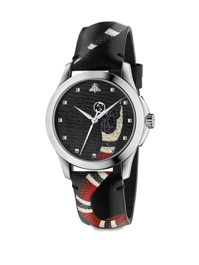 Shop Gucci Men's Le Marché Des Merveilles Stainless Steel And Snake-print Leather Strap In Black