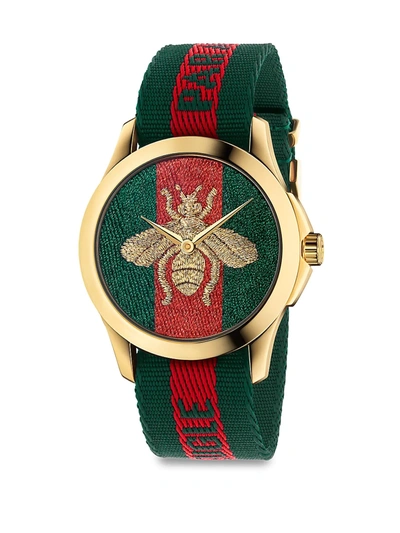 Shop Gucci Le Marché Des Merveilles Bee Yellow Goldtone Pvd And Striped Nylon Strap Watch