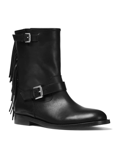 Shop Michael Kors Ingrid Fringe Leather Moto Boots In Black