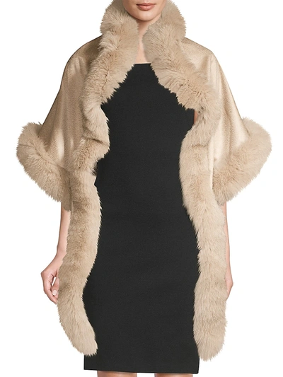 Shop Sofia Cashmere Asymmetric Cashmere & Fox Fur-trim Wrap In Stone