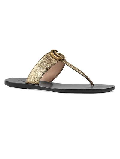Shop Gucci Marmont Leather Thong Sandals With Double G In Platinum
