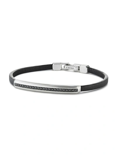 Shop David Yurman Men's Streamline Id Black Leather Bracelet With Pavé Black Diamonds & Sterling Silver In Silver Pave