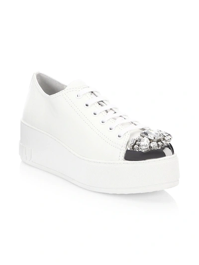 Shop Miu Miu Women's Jewelled Cap-toe Leather Platform Sneakers In Bianco