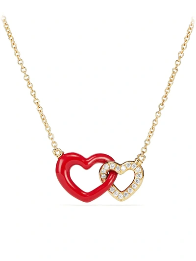 Shop David Yurman Women's Double Heart Pendant Necklace With Diamonds, Red Enamel & 18k Gold In Yellow Gold
