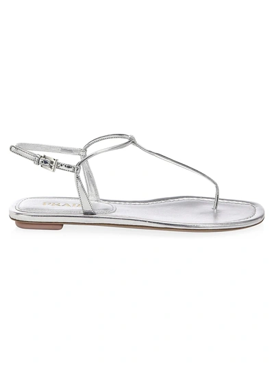Shop Prada Women's Flat Metallic Leather Thong Sandals In Argento