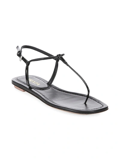 Shop Prada Flat Leather Thong Sandals In Nero