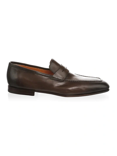 Shop Santoni Men's Leather Penny Loafers In Dark Brown
