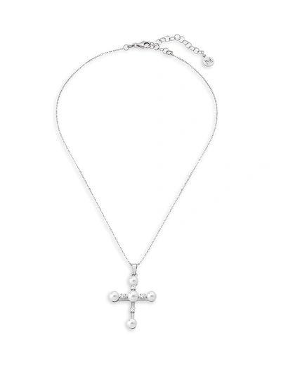 Shop Majorica Women's Sterling Silver & 5-6mm Organic Faux-pearl Chain Cross Necklace In White