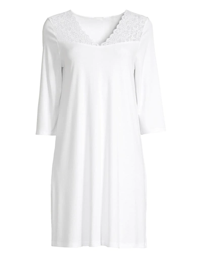 Shop Hanro Women's Moments Three-quarter Lace Yoke Night Gown In White