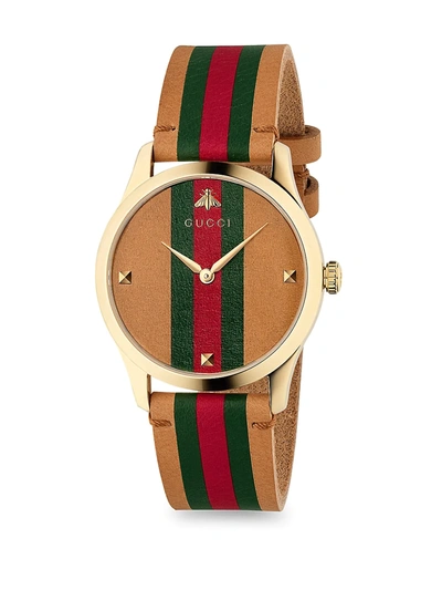 Shop Gucci G-timeless Stripe Leather Strap Watch In Tan