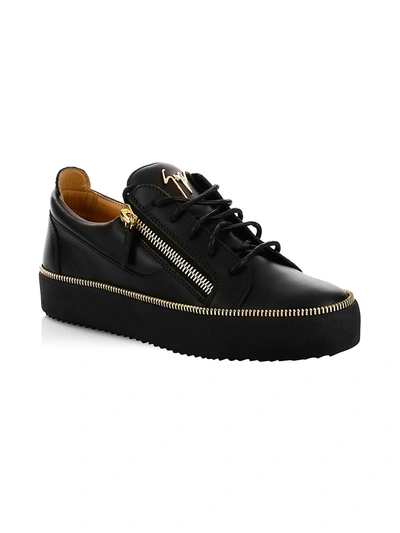 Shop Giuseppe Zanotti Men's Leather Zipper Low-top Sneakers In Black Gold