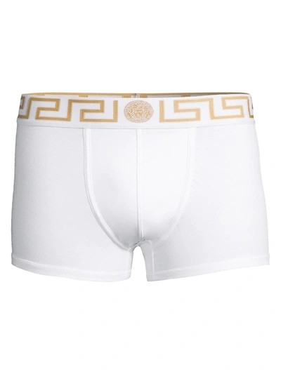 Shop Versace Men's 2-pack Greca-waistband Low-rise Trunks In White Gold