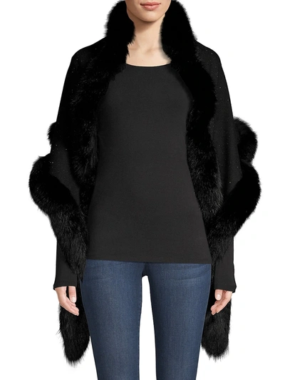 Shop Sofia Cashmere Sequin Fox Fur-trim Cashmere & Silk Shawl In Black Silver