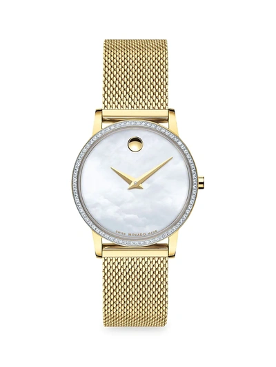 Shop Movado Women's Yellow Goldplated, Pavé Diamond Stainless Steel & Mother-of-pearl Mesh Strap Watch In Gold Pearl